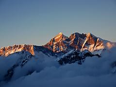 
Nuptse, Everest Southwest and Southeast faces, Lhotse, Lhotse Middle and Lhotse Shar close up from Mera High Camp (5770m) at sunset.
